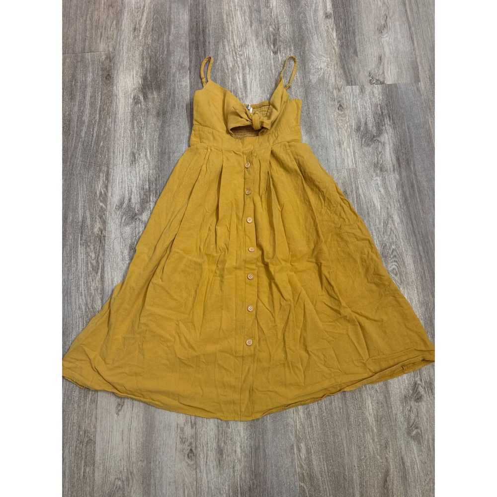 Hello‎ Molly Mustard Yellow Tie Front Cutout Button Down Midi Dress Size Small - Picture 2 of 7